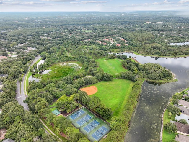 bird's eye view with a water view and a view of trees