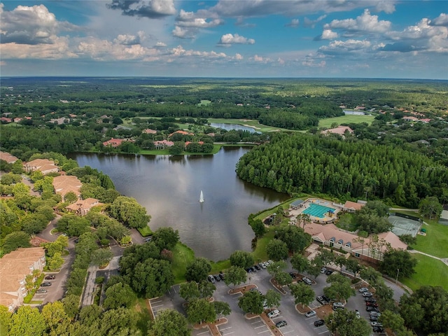 birds eye view of property featuring a wooded view and a water view