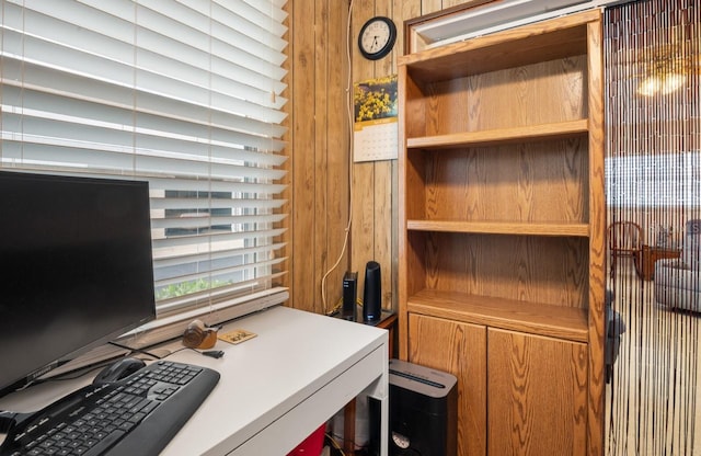 office space with wooden walls