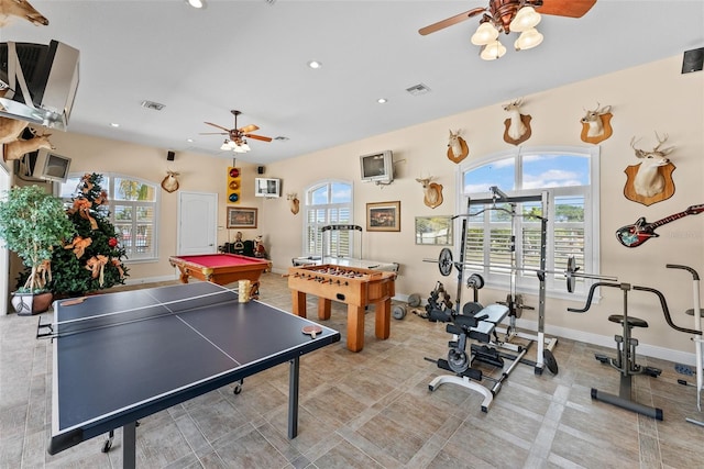 rec room featuring pool table, a ceiling fan, and visible vents