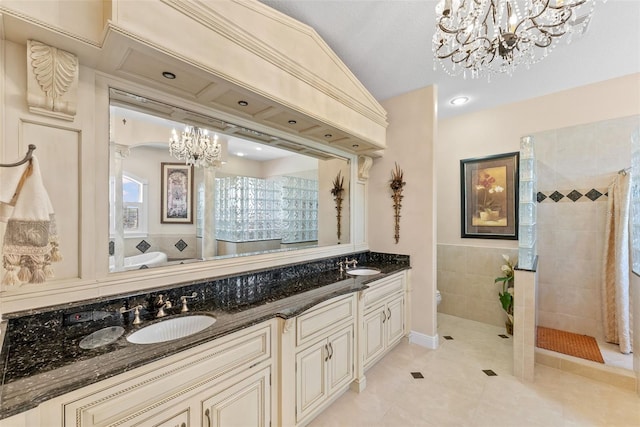 bathroom featuring walk in shower, toilet, an inviting chandelier, and a sink