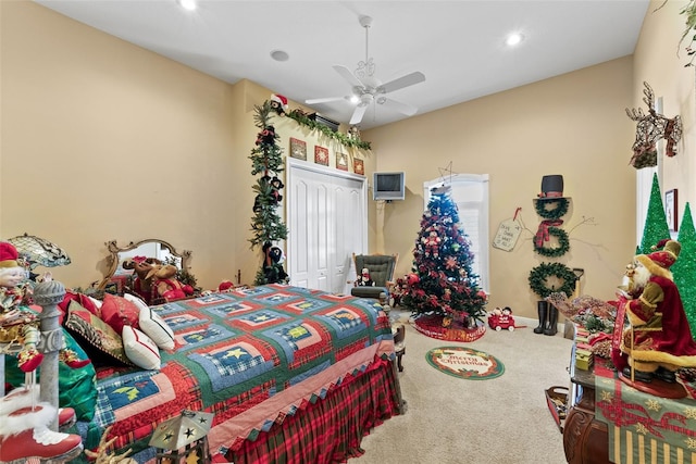 bedroom featuring a closet, carpet floors, a ceiling fan, and recessed lighting