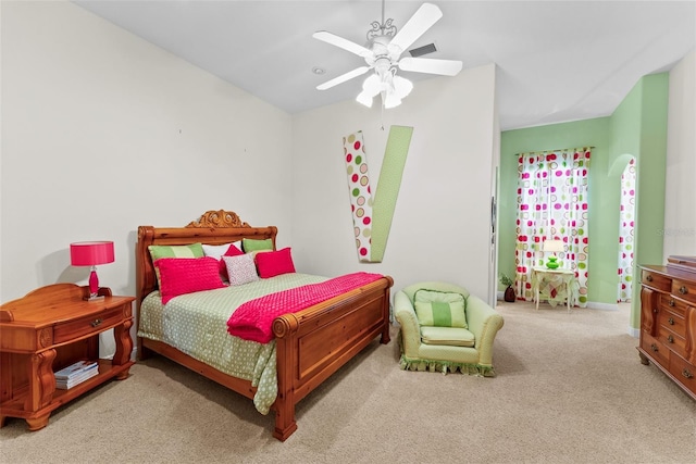bedroom featuring carpet flooring, a ceiling fan, and baseboards