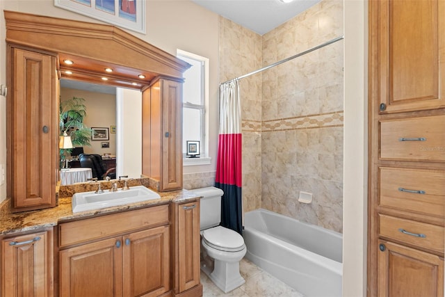full bathroom with vanity, toilet, tile patterned flooring, and shower / tub combo with curtain