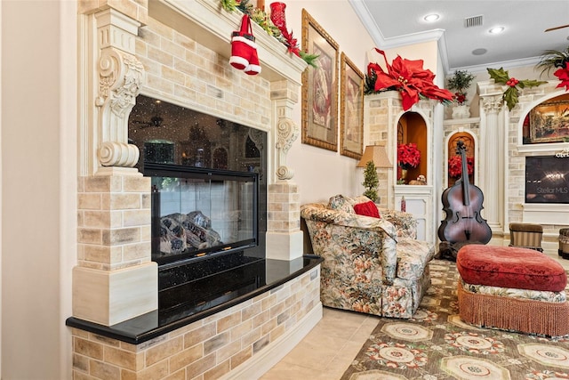 tiled living area with crown molding, a multi sided fireplace, recessed lighting, and visible vents