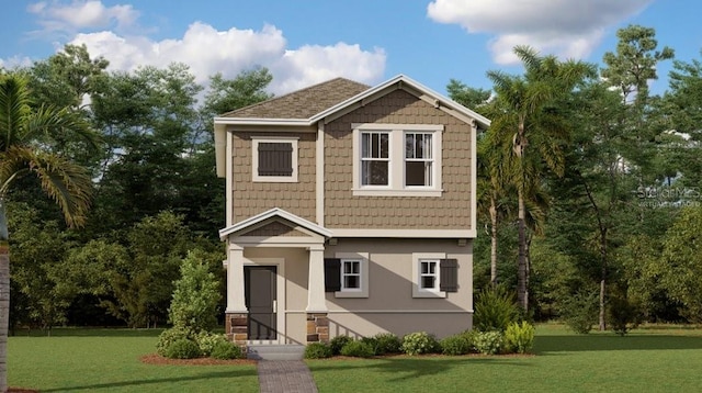 craftsman inspired home with a front lawn and stucco siding