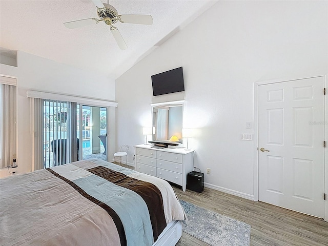 bedroom with light wood-style flooring, high vaulted ceiling, baseboards, ceiling fan, and access to outside