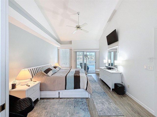 bedroom featuring baseboards, vaulted ceiling, ceiling fan, light wood-style flooring, and access to outside