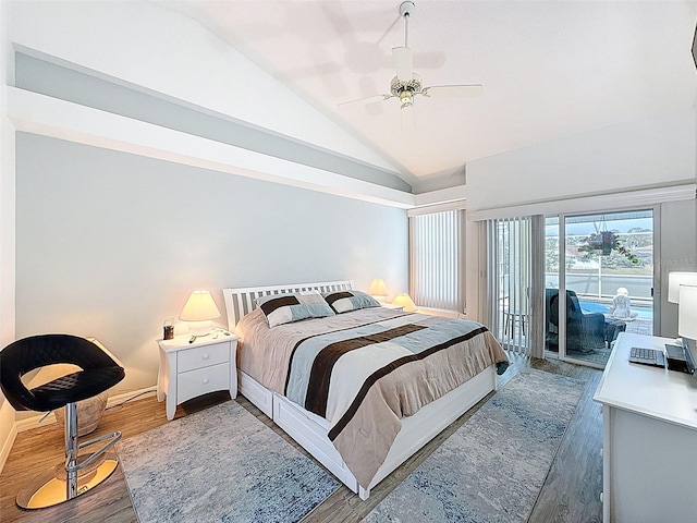 bedroom with vaulted ceiling, light wood finished floors, ceiling fan, and access to exterior