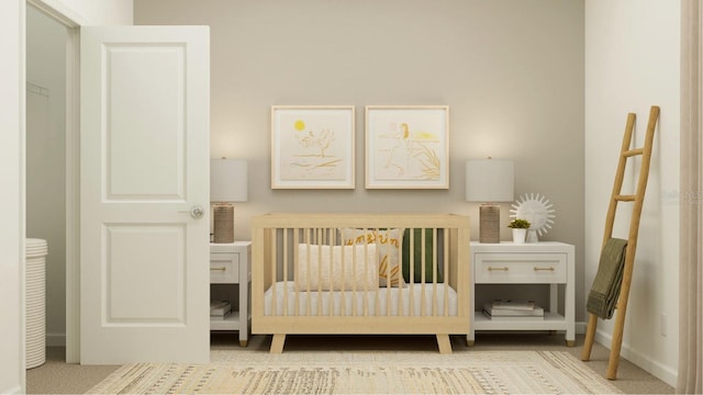 bedroom with baseboards and a crib
