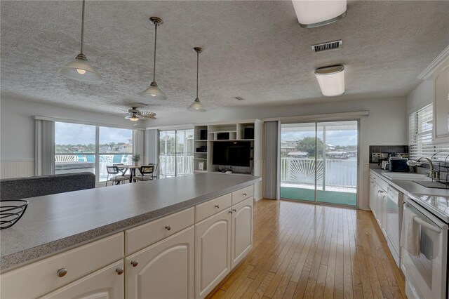 kitchen featuring visible vents, a sink, a textured ceiling, and a healthy amount of sunlight