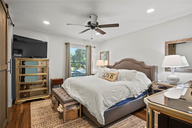 bedroom featuring recessed lighting, a ceiling fan, and wood finished floors