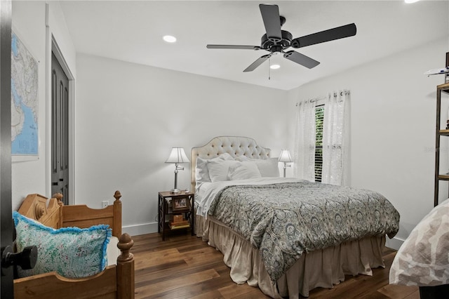 bedroom featuring recessed lighting, baseboards, ceiling fan, and wood finished floors