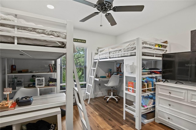 bedroom featuring recessed lighting, a ceiling fan, and wood finished floors