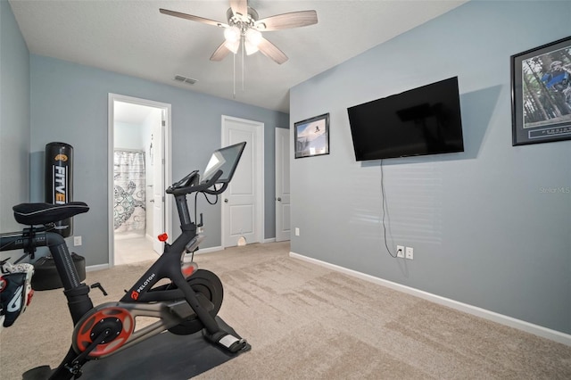 workout area featuring carpet, visible vents, baseboards, and ceiling fan