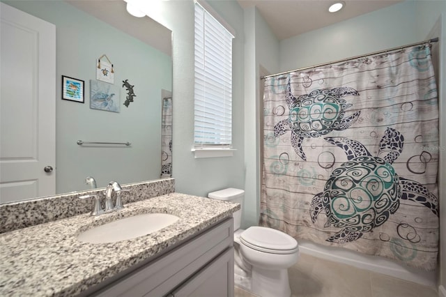 bathroom with toilet, vanity, and shower / bathtub combination with curtain