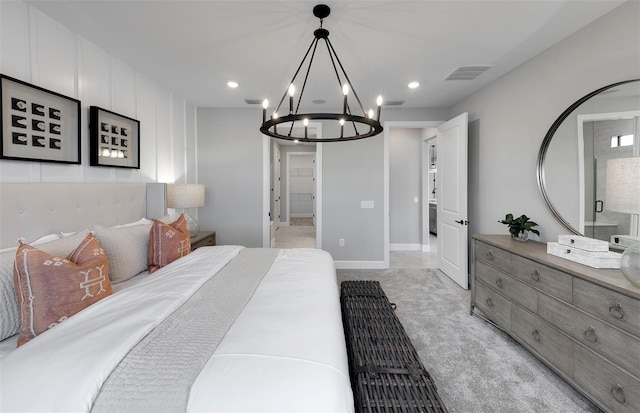 bedroom featuring visible vents, recessed lighting, light carpet, and an inviting chandelier