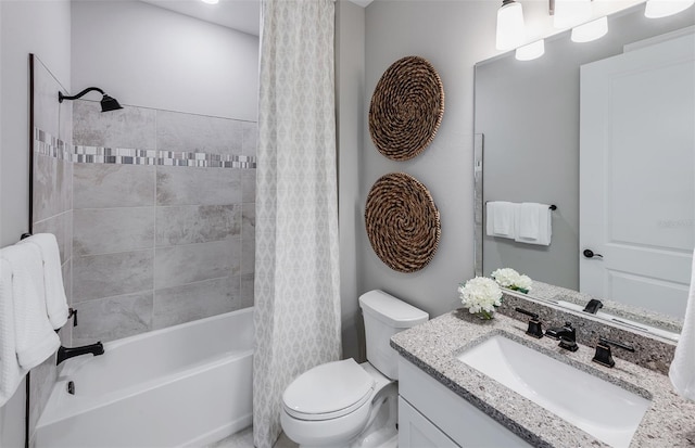 bathroom with toilet, shower / bathtub combination with curtain, and vanity