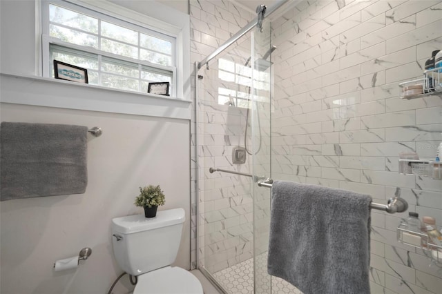 bathroom with toilet and a shower stall