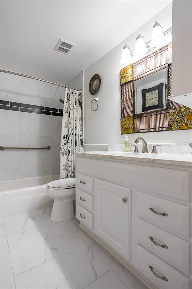 30 Turner St Unit 202, Clearwater, FL 33756 - bathroom with marble look tiles, toilet, vanity, and shower / bath combination with curtain