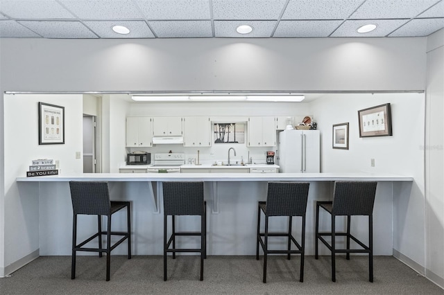 30 Turner St Unit 202, Clearwater, FL 33756 - kitchen with freestanding refrigerator, electric stove, a sink, a peninsula, and black microwave