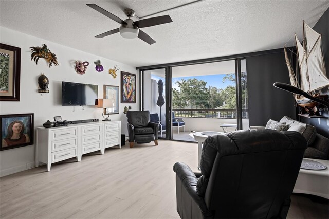 30 Turner St Unit 202, Clearwater, FL 33756 - living area featuring light wood-style flooring, a ceiling fan, a textured ceiling, a wall of windows, and baseboards