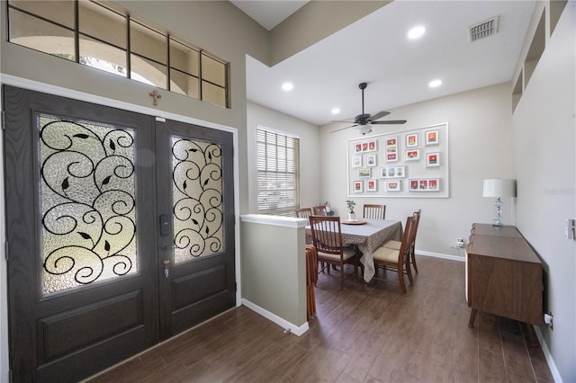 18520 Ambly Ln, Tampa, FL 33647 - entryway with baseboards, dark wood-type flooring, ceiling fan, and recessed lighting
