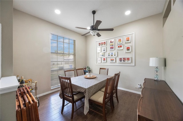 18520 Ambly Ln, Tampa, FL 33647 - dining space featuring dark wood-style floors, a ceiling fan, baseboards, and recessed lighting