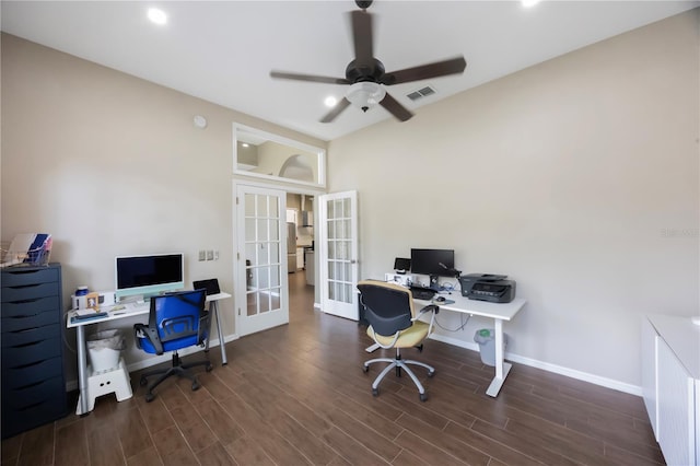 18520 Ambly Ln, Tampa, FL 33647 - office space featuring french doors, baseboards, ceiling fan, wood finished floors, and recessed lighting