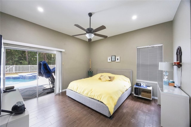 18520 Ambly Ln, Tampa, FL 33647 - bedroom featuring access to exterior, dark wood-style floors, a ceiling fan, recessed lighting, and baseboards