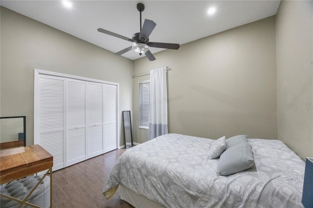 18520 Ambly Ln, Tampa, FL 33647 - bedroom featuring wood finished floors, a closet, a ceiling fan, recessed lighting, and baseboards