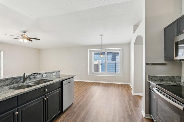 kitchen with a ceiling fan, a sink, appliances with stainless steel finishes, and wood finished floors