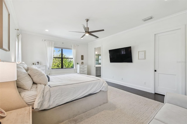 bedroom featuring a ceiling fan, dark wood finished floors, baseboards, ornamental molding, and recessed lighting