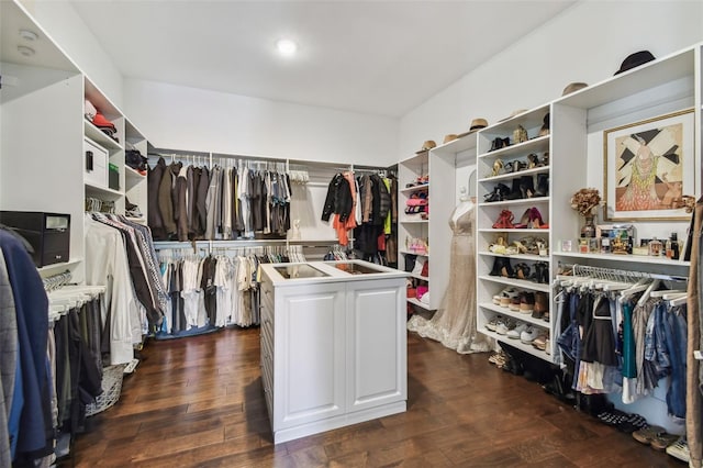 walk in closet with dark wood-type flooring