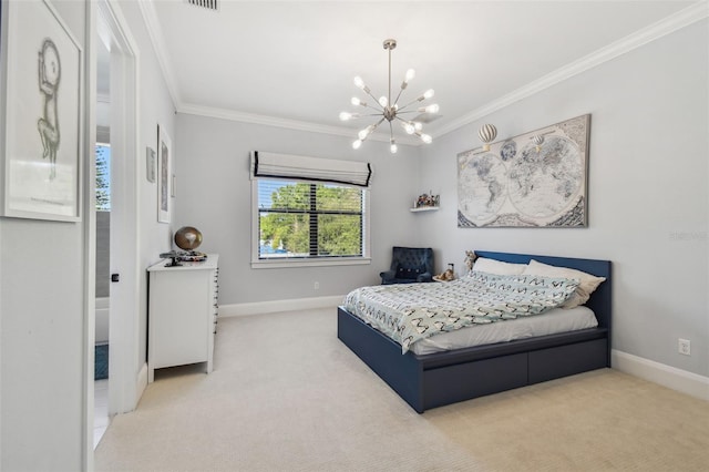 bedroom with baseboards, ornamental molding, a notable chandelier, and carpet flooring