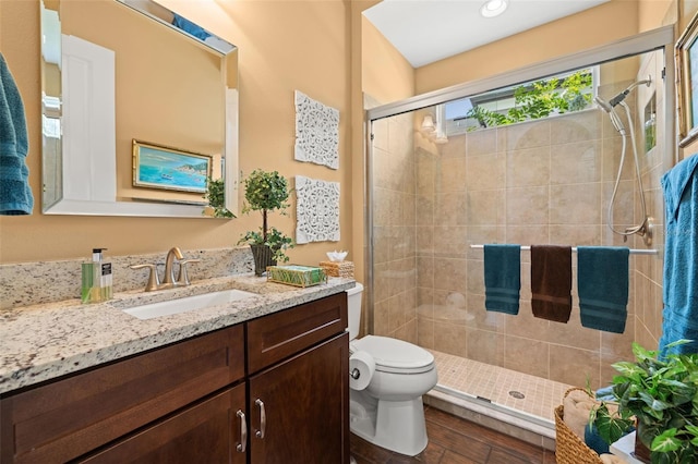 bathroom with vanity, toilet, wood finished floors, and a stall shower