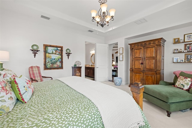 bedroom featuring light colored carpet, an inviting chandelier, and visible vents