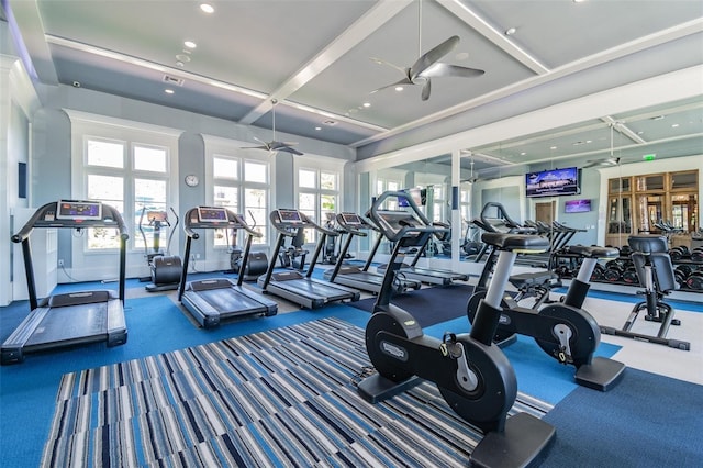 exercise room with plenty of natural light, a ceiling fan, and recessed lighting