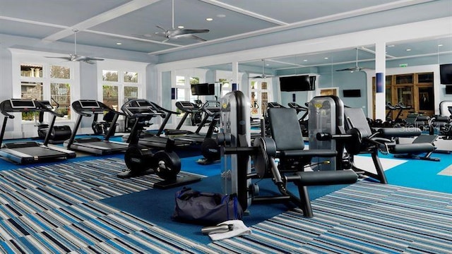 workout area featuring recessed lighting, a ceiling fan, and carpet flooring
