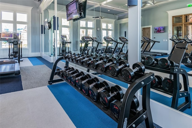 exercise room with ceiling fan