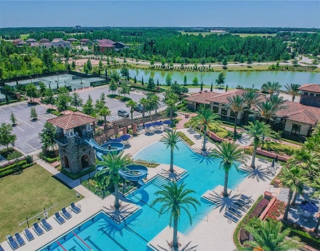 aerial view featuring a water view
