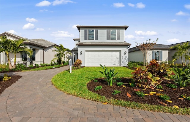 traditional home featuring stucco siding, an attached garage, curved driveway, and a front lawn