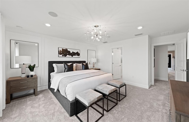 bedroom with recessed lighting, a notable chandelier, visible vents, and light carpet