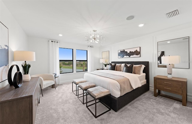 bedroom with visible vents, light carpet, baseboards, recessed lighting, and a chandelier