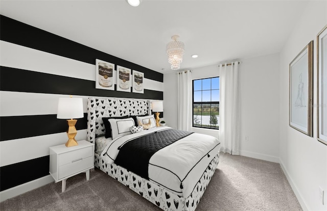 bedroom featuring carpet floors, recessed lighting, baseboards, and an inviting chandelier