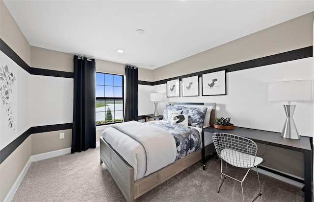 bedroom featuring baseboards, carpet flooring, and recessed lighting