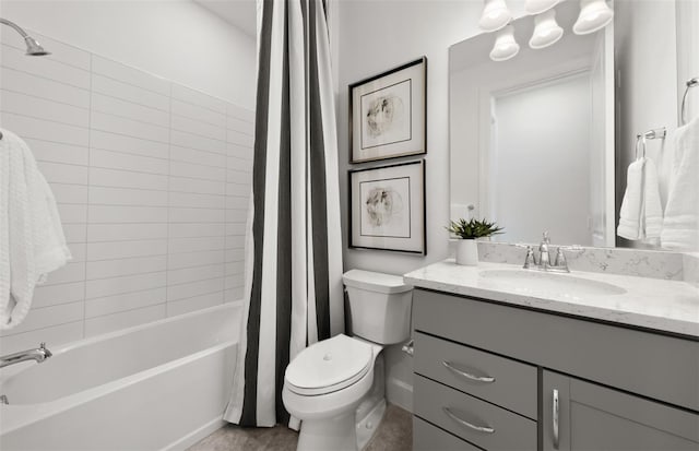 full bath with vanity, toilet, and shower / bath combination with curtain