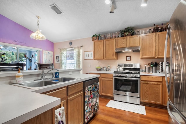 kitchen featuring visible vents, appliances with stainless steel finishes, vaulted ceiling, a sink, and under cabinet range hood