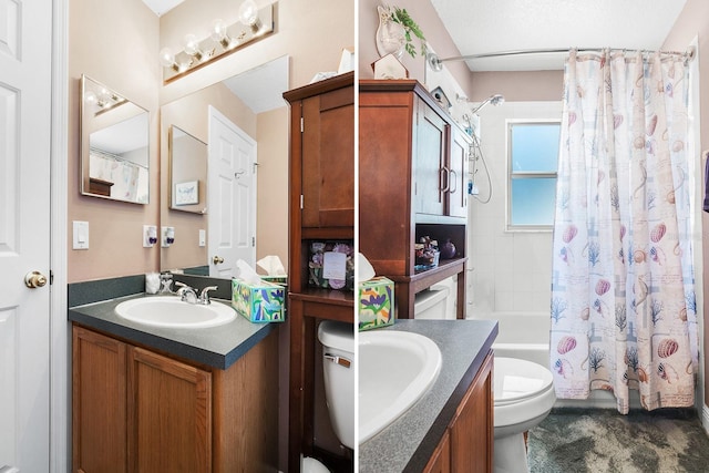 full bathroom featuring vanity, toilet, and shower / bathtub combination with curtain