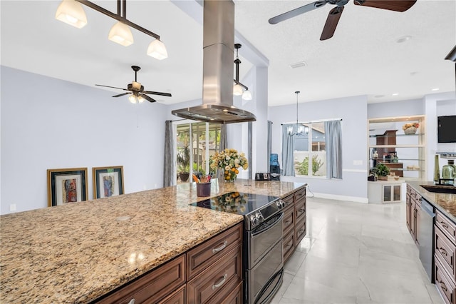 1424 Ridge Shore Dr, Tarpon Springs, FL 34689 - kitchen featuring range with electric cooktop, ceiling fan, island range hood, dishwasher, and light stone countertops